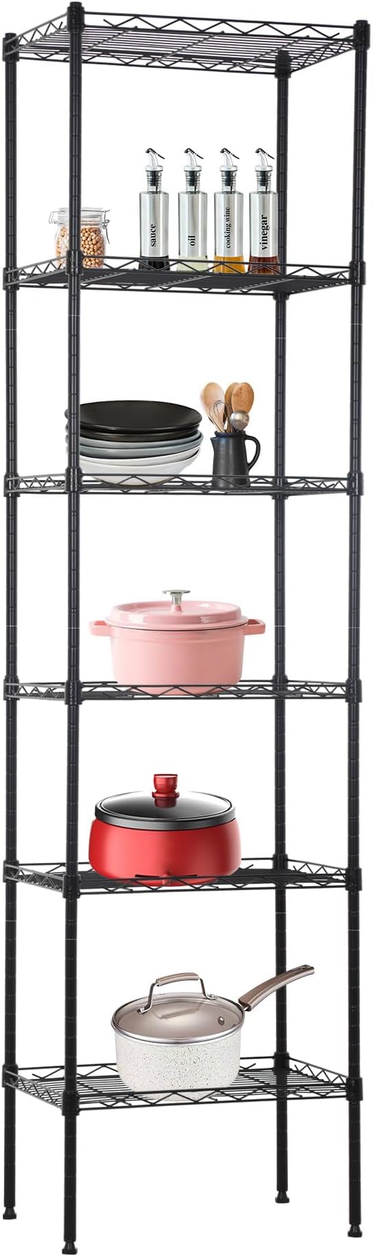 BestOffice | 6-Tier Wire Storage Shelves | 17x12x64 | Black | with Adjustable Racks | Heavy-Duty Metal Shelf, Holds Upto 600 lbs | No-Tool Assembly | Ideal for Home & Garage Shelving