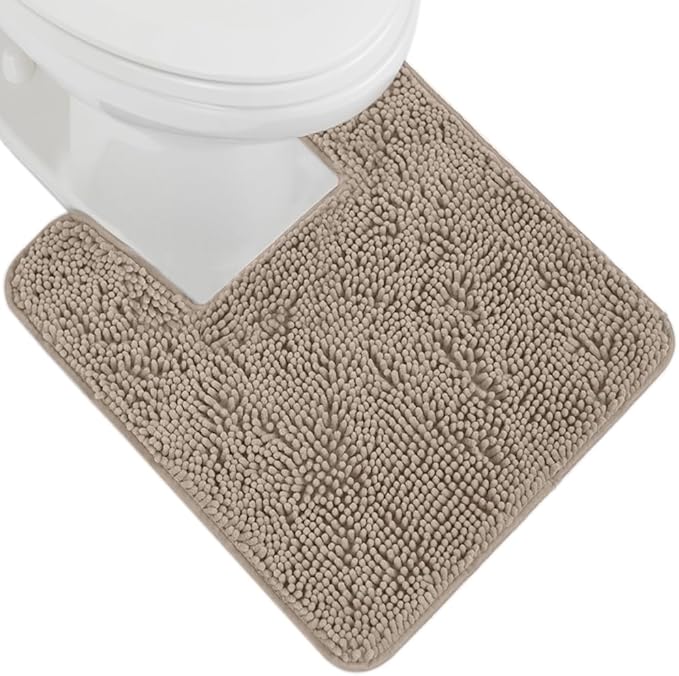 GORILLA GRIP Plush Absorbent Shaggy Chenille Bath Rug Mat for Square Toilet Base with Rubber Backing, Machine Washable Rugs, Soft Microfiber Contour Mats for Toilets, Bathroom Decor, Gray Beige