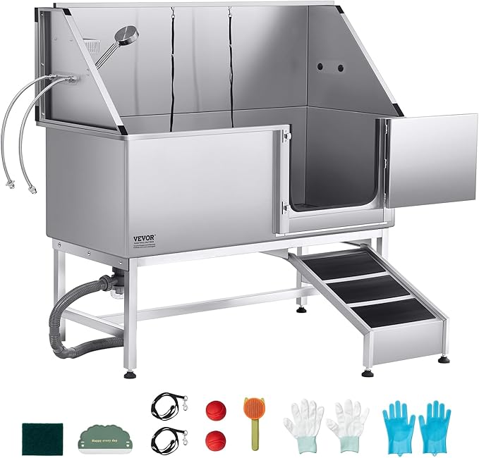 VEVOR Stainless Steel Dog Washing Station, Professional 62 inch Pet Grooming Tub w/Ramp, PE Water Filter Board, Faucet & Showerhead & Soap Holder Bathtub for Large & Medium & Small Pets (Right Door)