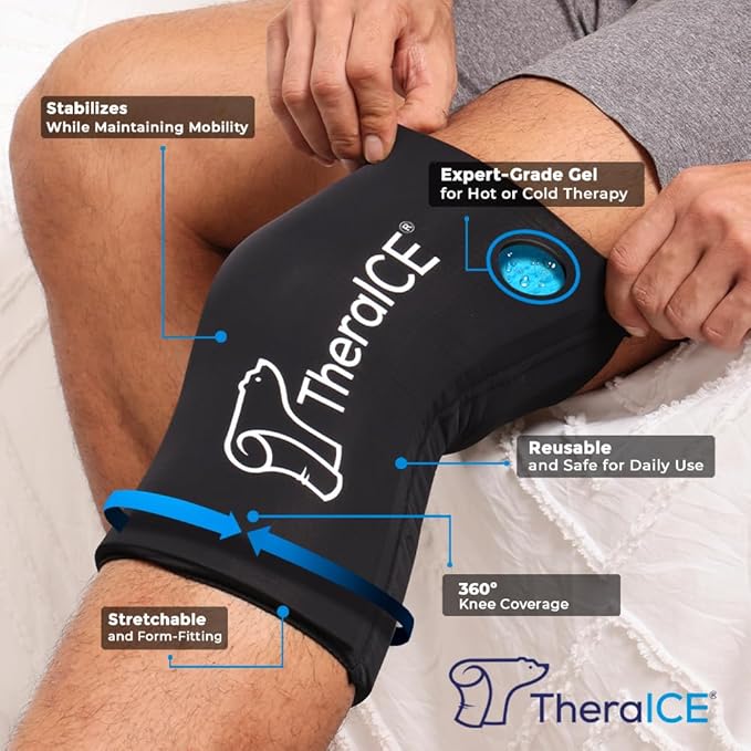 TheraICE Knee Ice Pack Wrap Compression Sleeve for Injuries, Reusable Gel Cold Packs Brace Also for Elbow, Ankle & Calf - Flexible Cold Wrap Recovery for Meniscus, ACL, MCL Pain Relief (XL)