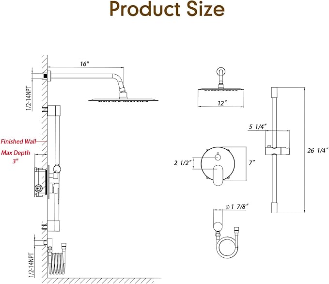 Gabrylly Shower System, High Pressure 12" Rain Shower Head with Handheld Shower, Wall Mounted Slide Bar Shower Faucet Set Complete, Shower Combo Set with Shower Valve,Brushed Nickel