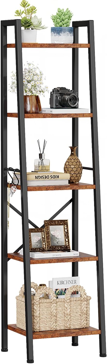 Furologee 5 Tier Ladder Shelf Bookcase, Tall Narrow Bookshelf with 2 Hooks, Rustic Brown Bathroom Corner Book Shelf, Metal Wood Book Case Standing Unit, Display Shelf for Living Room Office Kitchen