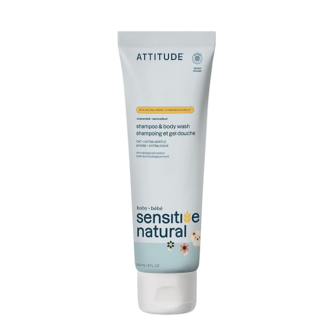 ATTITUDE 2-in-1 Shampoo and Body Wash for Baby, EWG Verified, Extra Gentle, Enriched with Oatmeal, Dermatologically Tested, Vegan, Unscented, 8 Fl Oz
