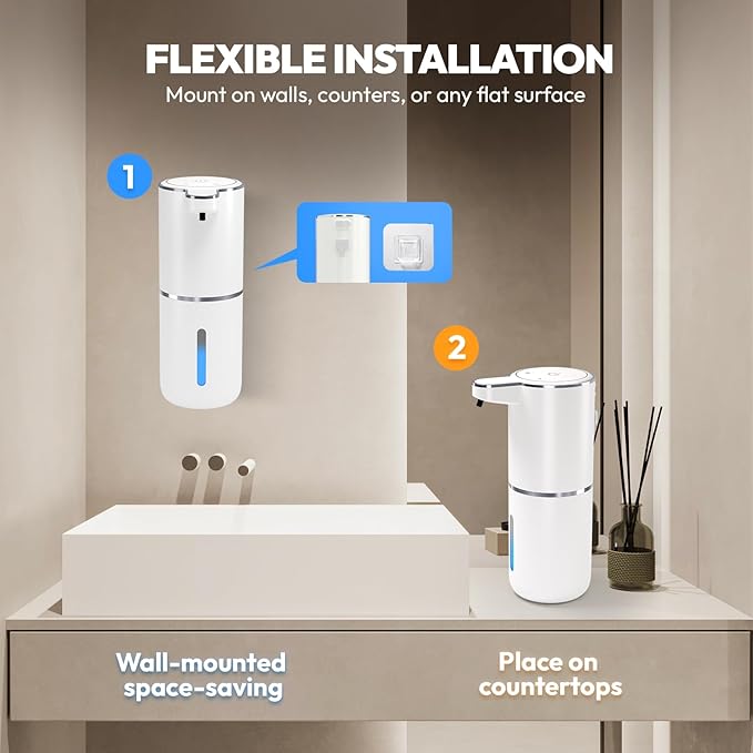 2 Pack Automatic Soap Dispenser Touchless,Liquid Hand Soap Dispenser 12.8oz USB 4levels Adjustable Dispenser Electric Wall Mounted Smart for Bathroom and Kitchen Dish Soap，Easy for Toddlers(White)