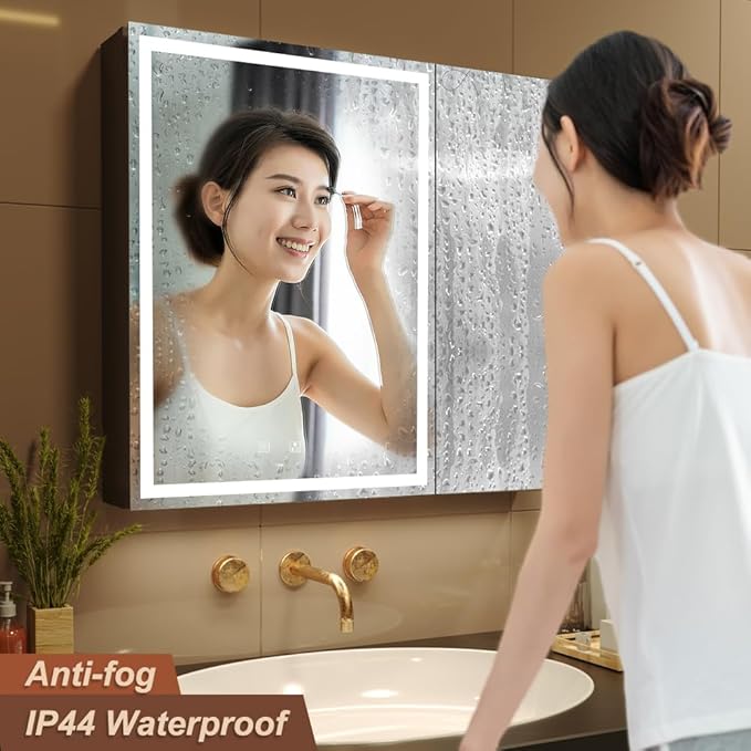 KWW 30 x 28 Inch Double Doors LED Lighted Bathroom Medicine Cabinet, Defogger, Dimmable, 3 Color Light Makeup Mirror, Outlets & USBs, Easy to Install, Wall Mounted Mirror Cabinet