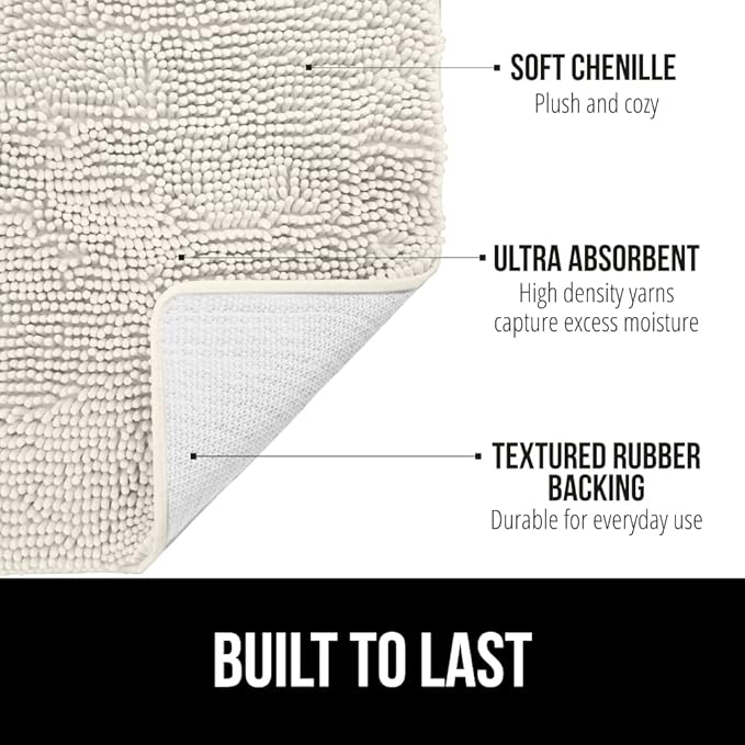 GORILLA GRIP Bath Rug Mat 30x20, Soft Absorbent Chenille, Quick Dry Microfiber Mats, Rubber Backing Washable Shower Floor Rugs, Bathmat Runner, US Designed Bathroom Home Decor Accessories Ivory Cream
