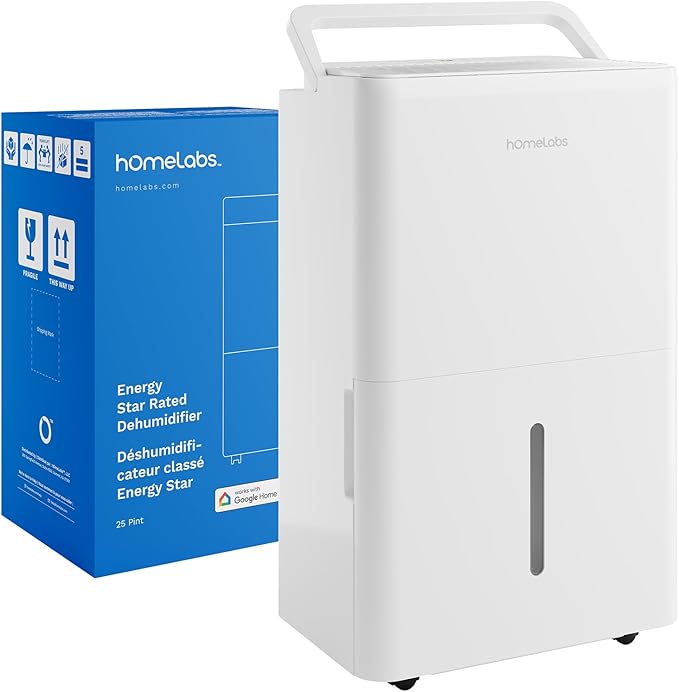 hOmeLabs Dehumidifier - Advanced Humidity & Moisture Control, Quiet, Efficient, Auto Shut-off, Ideal for Home, Basement, Office - 3,500 Sq Ft Wi-Fi (25 Pint MAX 64 Pint at 95°F, 90% RH)