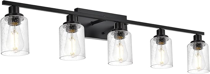 40 Inches Length Black Bathroom Lighting Fixtures, 5-Light Modern Industrial Wall Sconce Vanity Light Fixture with Seeded Glass for Bedroom Over Mirror