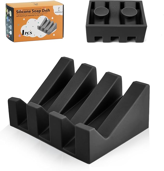 Silicone Soap Dish with Drain, Upgrade Double Suction Cups at The Bottom for Anti-Slip and Stability, Soap Dish Shower Waterfall Bar Soap Holder Tray with Drain Soap Holder (1, Black)