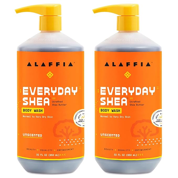 Alaffia Everyday Shea Body Wash, Naturally Helps Moisturize and Cleanse Without Stripping Natural Oils with Fair Trade Shea Butter, Neem, and Coconut Oil, Unscented, 2 Pack - 32 Fl Oz Ea