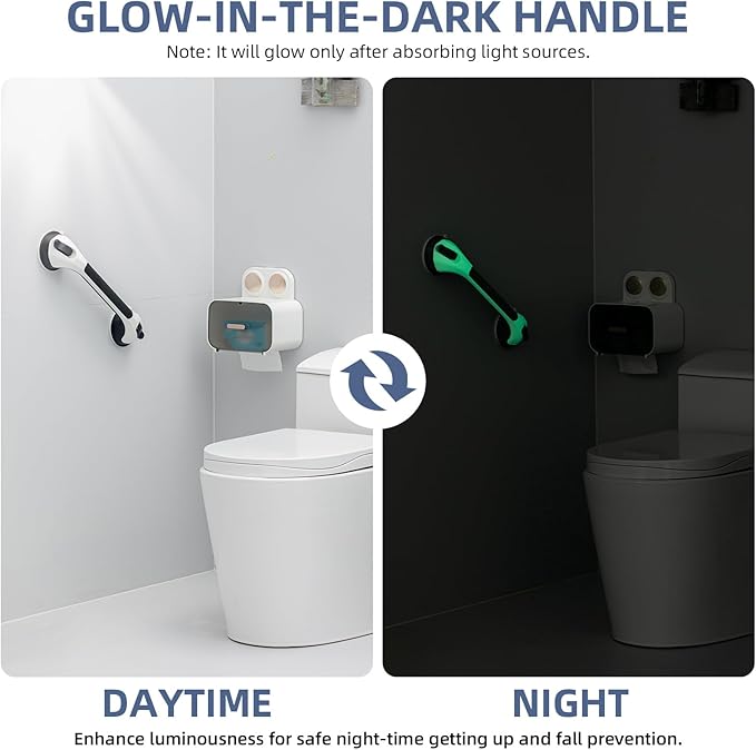 Grab Bars for Bathtubs and Showers Glow in The Dark, 17 inch Suction Grab Bar, Shower Handle Safety Grip Handrail for Seniors and Elderly, Removable Waterproof No Drilling, Black