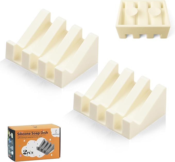 Silicone Soap Dish with Drain, Upgrade Double Suction Cups at The Bottom for Anti-Slip and Stability, Soap Dish Shower Waterfall Bar Soap Holder Tray with Drain Soap Holder (2, CreamWhite)