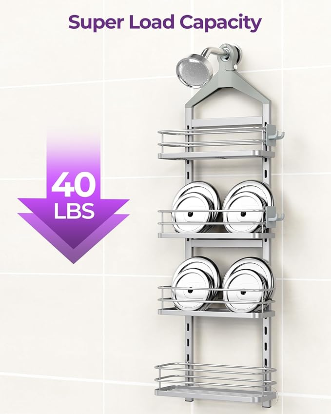 ODesign 4 Tier Height-Adjustable Shower Caddy Hanging Anti-Swing-Over The Shower Head Caddy- Storage Organizer Bathroom Shelves Basket Caddies-Silver
