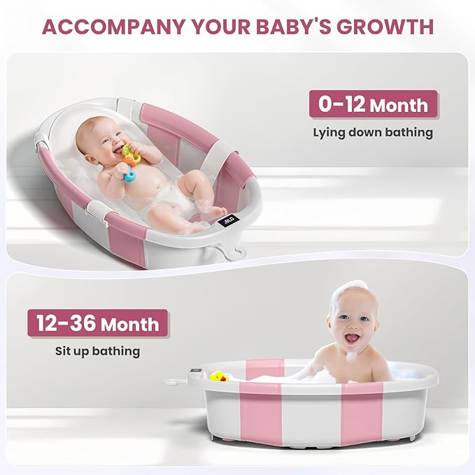 Collapsible Baby Bathtub, Baby Tubs for Newborns with Soft Cushion & Thermometer & Toy Organizer Mesh Bag, Infant Bathtub to Toddler 0-36 Months, Portable Travel Newborn Baby Bathtubs (Pink)