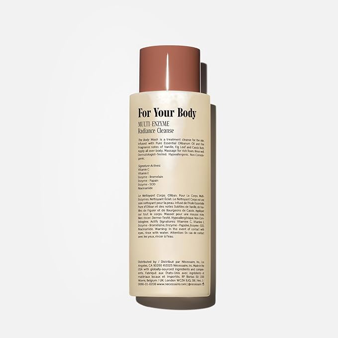 Nécessaire The Body Wash Olibanum. Natural Body Wash for Women + Men. Radiance Cleanse. Multi-Enzyme Gel Cleanser for Dull Skin. Notes of Vanilla, Fig Leaf, and Cassis Buds. 8.4 Fl Oz.