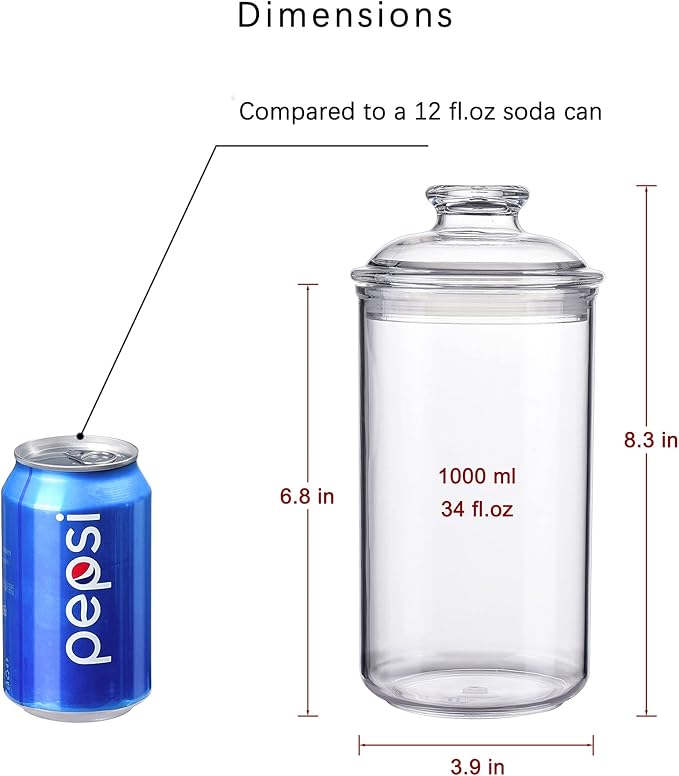 34oz Acrylic Storage Jar, Airtight Lid with Silicone Sealing Ring, Ideal Canister Container for Sugar, Tea, Spices, Herbs, Shells, Bath Salt, Christmas Decorative Apothecary Jars