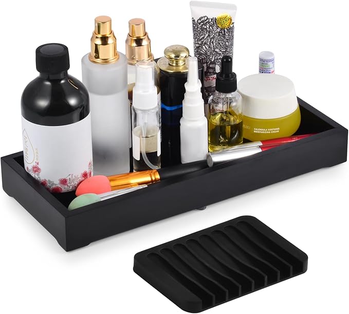 Farmhouse Wooden Vanity Tray with Soap Tray, Toilet Top Organizer, Ideal for Bathroom Toilet Tank (Black, 4.8" W11.5 Lx1.2 H)