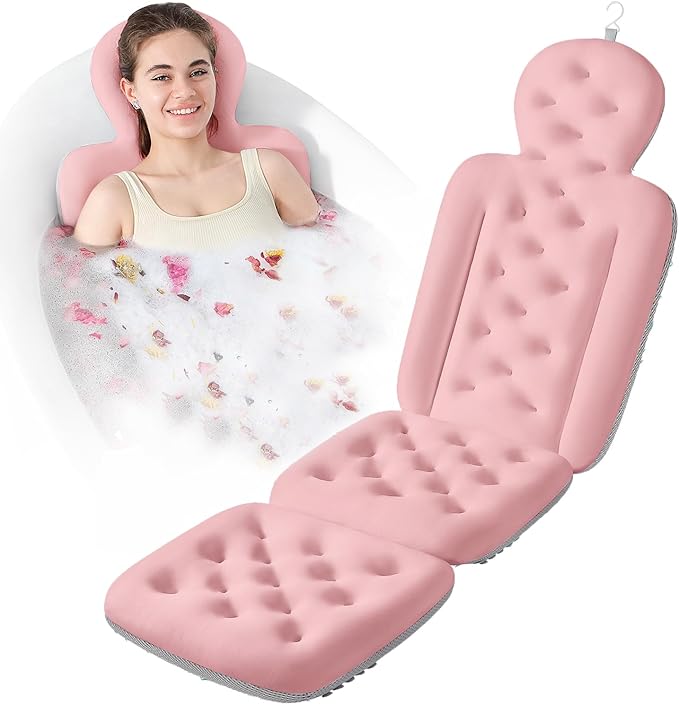 Bath Cushion, Full Body Bathtub Pillow with 160 Suction Cups, Bath Mat for Head and Neck Support, with Laundry Bag (Light Pink, 56.2" x 16.2")