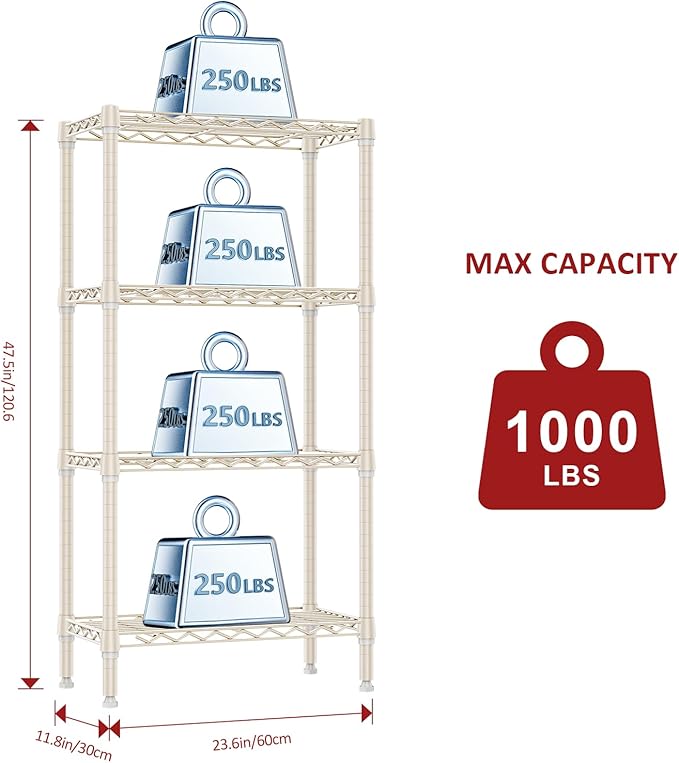 IZEUK 4 Tier Steel Storage Shelves, Heavy Duty Metal Shelf Wire Shelving Rack for Pantry, Kitchen, Living Room, or Bathroom Organization (11.8" D x 23.6" W x 47.5" H, 1000LBS, Light Tan)