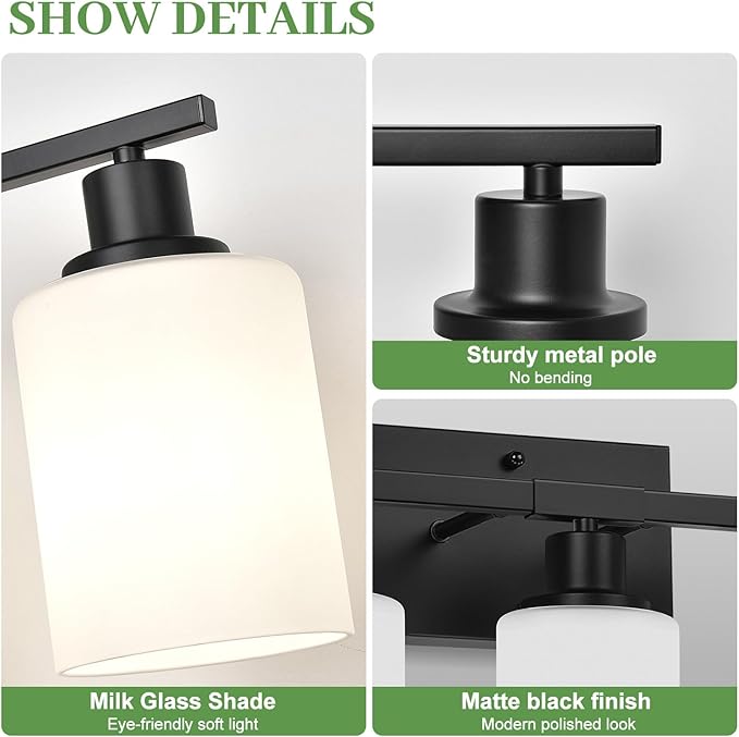 5-Light Bathroom Light Fixtures, Vanity Light with Milky White Shades, Matte Black Bathroom Light Fixtures Over Mirror, Modern Bathroom Wall Lamp for Mirror Living Room Cabinet Bedroom