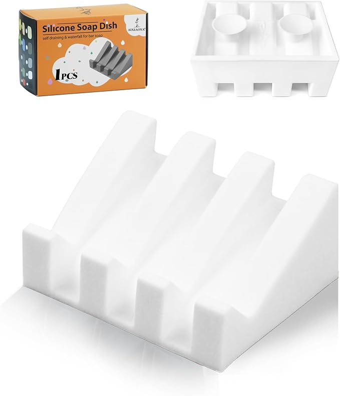 Silicone Soap Dish with Drain, Upgrade Double Suction Cups at The Bottom for Anti-Slip and Stability, Soap Dish Shower Waterfall Bar Soap Holder Tray with Drain Soap Holder (1, White)