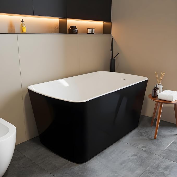 49" Acrylic Freestanding Bathtub - Japanese Square Soaking Tub with Built-in Seat, Toe-Tap Drain & Overflow, Black,Compact Space-Saving Bath for Bathrooms