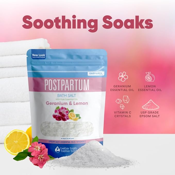 Postpartum Sitz Bath Soak (2 Lbs) Postpartum Care for New Moms Bath Salt with Essential Oils in Easy Press-Lock BPA-Free Pouch Made with Natural Ingredients Made in USA