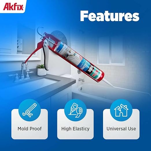 Akfix 100E RTV Silicone Caulk Clear (12x10.1 fl.oz.)- 100% Silicone Sealant Waterproof for Kitchen and Bathroom, Shower, Window and Door | Clear, 12 Pack