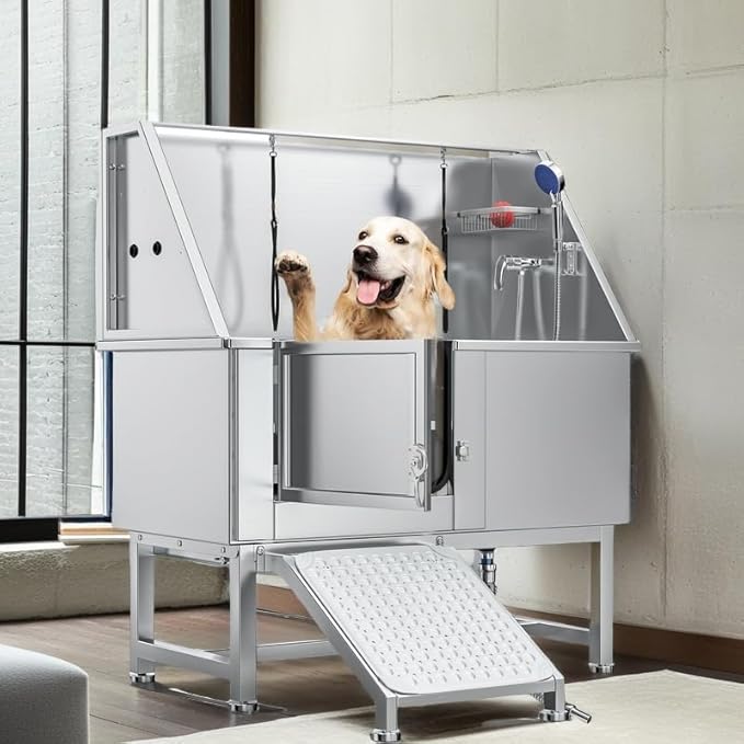 YITAHOME 50in Dog Bathing Station, Professional Stainless Steel 304 Dog Bathtub, Pet Grooming Tub w/Left Ramp, Floor Grate, Faucet, Pet Washing Station for Large, Medium, Small Pets, Indoor, Outdoor