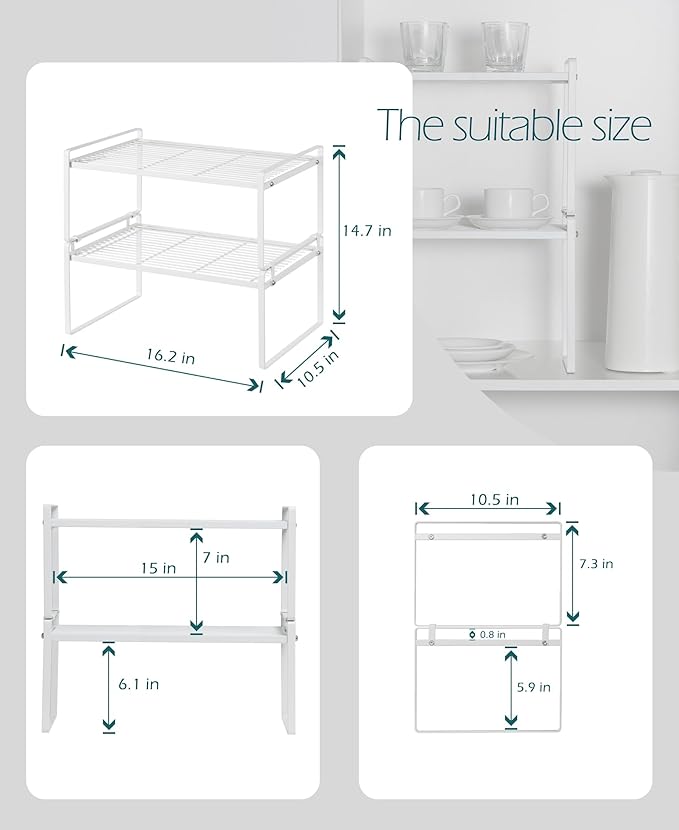 2Pack Kitchen Cabinet Shelf Counter Organizer Rack Pantry Storage Bathroom Bedroom Office Table Desk Space Saving Stackable Rust Resistant Non Slip White Wide L16.1in W10.6in H7.3in