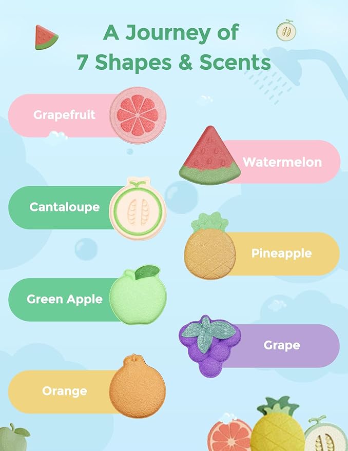 Momcozy 14-Pack Fruit Bath Bombs with Essential Oil, Ideal Christmas Gift for Happy Educational & Fun Bath Time, Bath Bombs Kit with 7 Cute Fruit Shapes, Ideal Gifts for Kids Girls Boys Toddlers