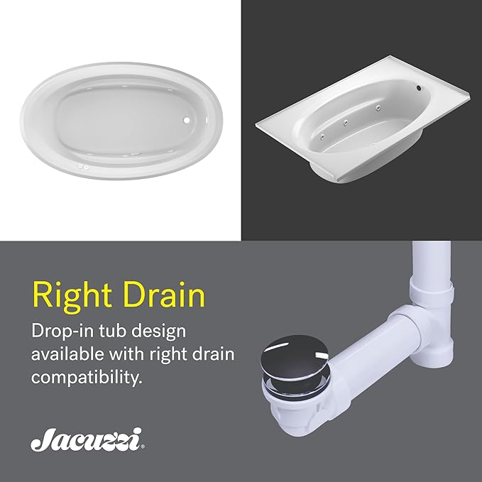 Jacuzzi SIGNATURE Acrylic Drop-In Bathtub, Jet Massage Tub, Slip Resistant, Right Drain Placement, 59" (L) x 41" (W), Oval, White