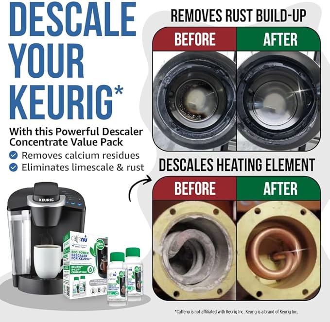 Keurig Compatible Descaling Solution. 2 Bottles of Descaler Solution. Descaling Kit Removes Limescale For Hotter Coffee. 4 Uses Descaler For Keurig Coffee Makers.