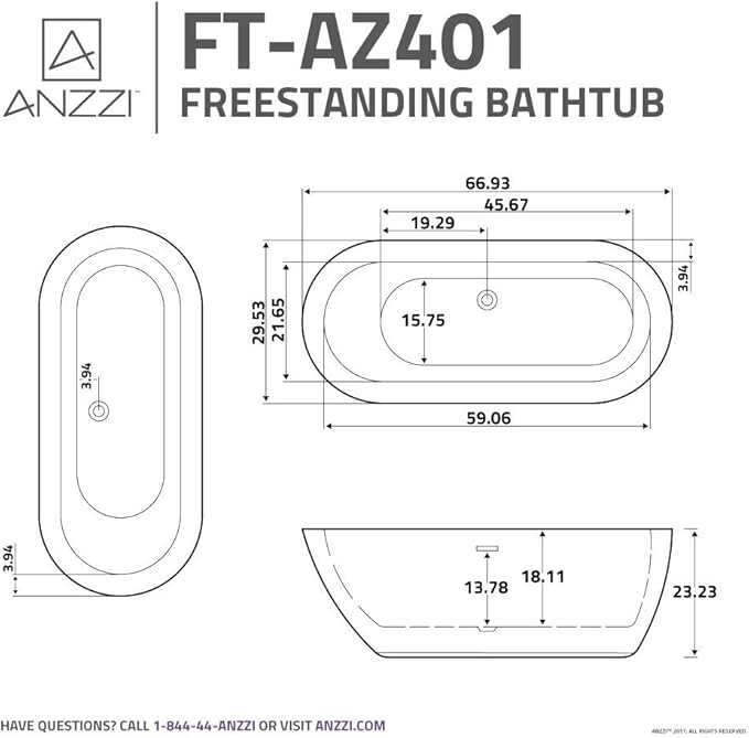 ANZZI Freestanding Tub 67”, Soaker Tub, Acrylic Center Drain, Luxury Spacious, Deep Soaker Bathtub with Overflow and Drain, Modern Slip-Resistant Floor (FT-AZ401)