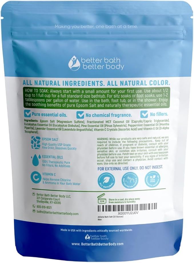 Athlete Bath Salt 32 Ounces Epsom Salt with Natural Lavender, Pine, Peppermint and Eucalyptus Essential Oils Plus Vitamin C in BPA Free Pouch with Easy Press-Lock Seal