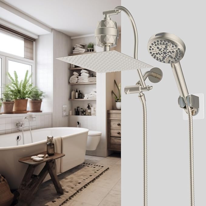 Hibbent All Metal 12'' Filtered Rainfall Shower Head Combo, High Pressure Handheld Shower Head with 12'' Adjustable Curved Extension Arm, 20 Stage Shower Filter, 10-spray, 71'' Hose, Brushed Nickel