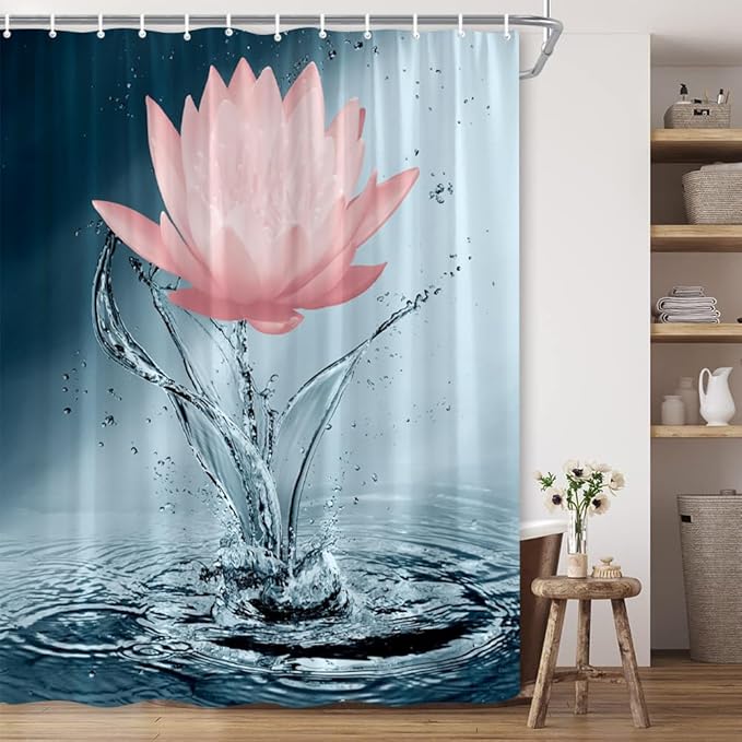 Lotus Shower Curtain Blue Red Flower Elegant Blooming Floral with Dew Spring Flower Reflection on Water Modern Romantic Polyester Fabric Bathroom Decor 70×78 Inch with Hook
