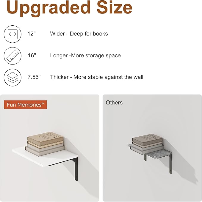 16" W x 12" D White Floating Shelves for Wall, 12 Inch Deep Floating Shelf with Visible Bracket, Rustic Wood Bookshelf Wall Mounted, Deep Bathroom Shelves for Storage, Set of 2