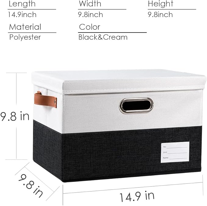 PRANDOM Foldable Storage Bins with Lids [3-Pack] Fabric Collapsible Storage Boxes Baskets Cubes Containers with Handles for Closet Living Room Bedroom (Black & White 14.9x9.8x9.8'')