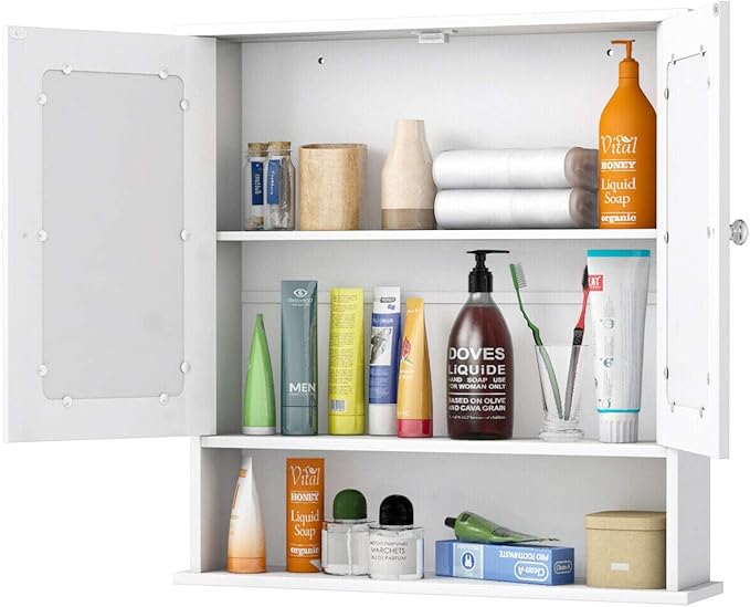 Tangkula Bathroom Medicine Cabinet with Mirror, Wall Mounted Wooden Hanging Organizer with Doors and Shelves, Bathroom Wall Mirror Cabinet (Mirror Doors, White)