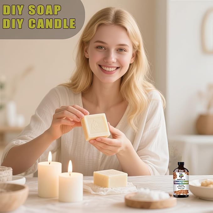 Sandalwood Essential Oil (4 oz/120 ml) — Sandalwood Oils for Aromatherapy, diffusers, humidifiers, Home fragrances, DIY Skincare, soap Making, DIY Candle, Relaxation, Yoga, and Meditation