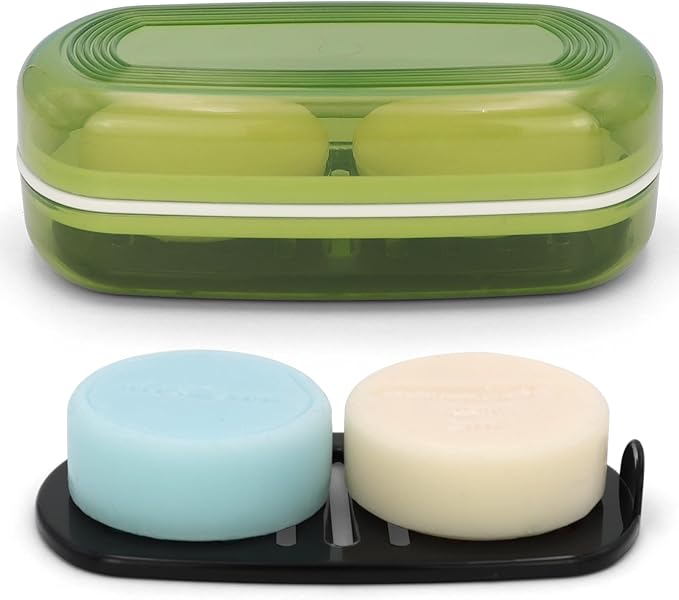 Shampoo Bar Holder Travel Case for Two Bars – Compatible with Kitsch Solid Shampoo & Conditioner Bars, Large Soap Container for Bathroom or Travel (Green Style A-Large)