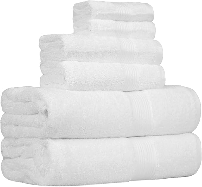 Amazon Basics 6 Piece Oversized Fade resistant Towel set, 100% Cotton towels for bathroom, soft and absorbent, 2 Bath Towels, 2 Hand Towels and 2 Washcloths bathroom towel set, White