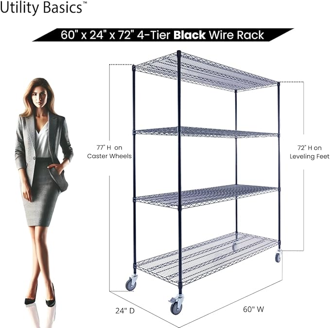 NSF Commercial 4-Tier Wire Shelving with Wheels, 60"x24"x72" Heavy Duty Metal Shelves 3200 lbs Max Capacity, Black Storage Rack for Garage Kitchen Pantry Warehouse