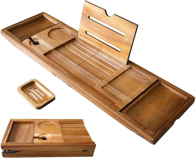 XcE Foldable Acacia Wood Bathtub Caddy Tray - Expandable to 40 Inches with Non-Slip Pads for Couples Luxury Bath