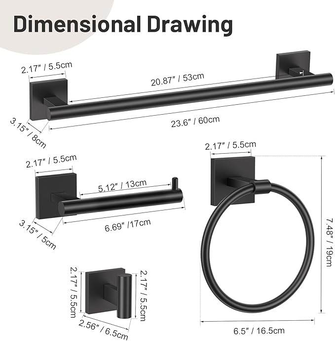 5 Pieces Bathroom Hardware Set Matte Black Towel Bar Set Includes 23.6” Towel Bar, Towel Ring Holder, Toilet Paper Holder and Two Towel Hooks, Bathroom Accessories Set SUS304 Wall Mounted