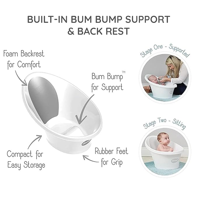 Shnuggle Newborn Bath Essentials Bundle | Baby Bath with Support Bump and Soft Backrest & Rinse Jug | Safe, Gentle, and Stylish Bathtime Set for Babies & Toddlers | White/Grey