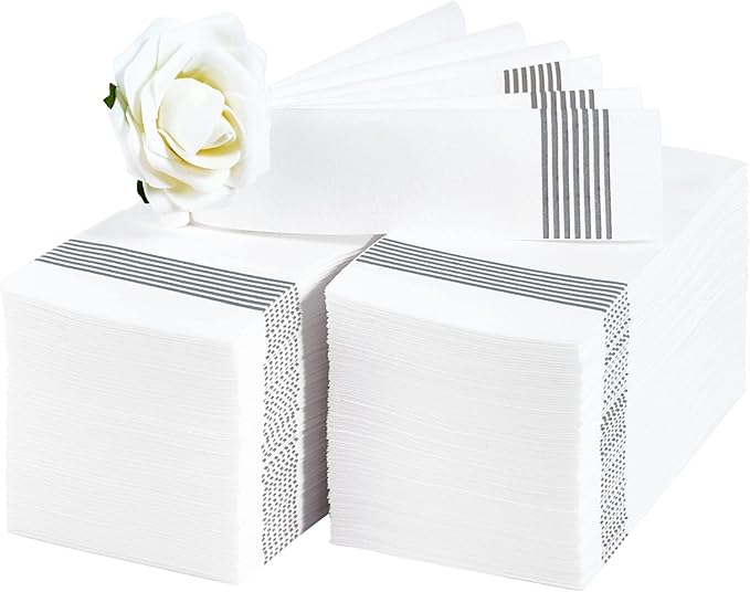 LITOPAK 100 Pack Guest Towels Disposable, Soft And Absorbent Bathroom Napkins, Paper Guest Towels for Bathrooms, Party, Wedding or Events. White and Silver