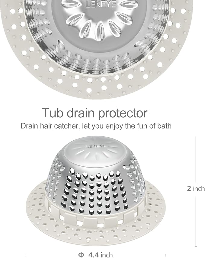 LEKEYE Shower Drain Hair Catcher/Shower Drain Cover/Drain Protector for Pop-Up & Regular Drains(Light Gray)