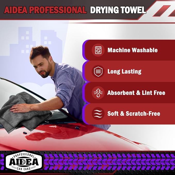 AIDEA Microfiber Towels for Cars-4PK, Large Professional Car Drying Towel, Scratch-Free & Absorbent Drying Towel for Cars, SUVs, RVs, Trucks, and Boats, 24inx 31in, Grey